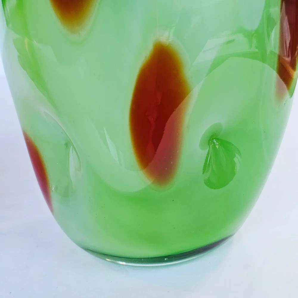 Vintage MCM Hand Blown Art Glass Vase Green Swirl Red Spotted Eclectic Artistic